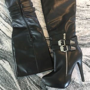 Black Faux Leather Stiletto Heel Boots